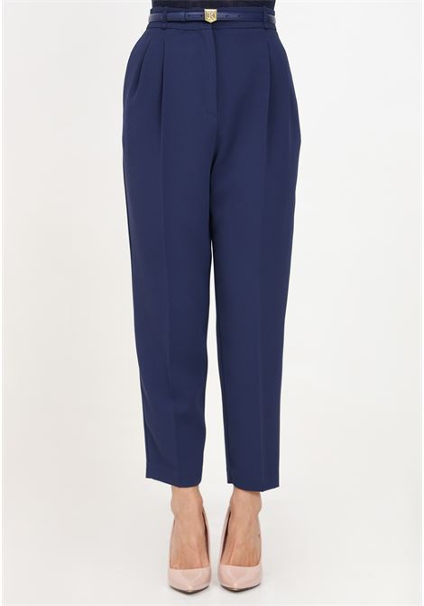 Elegant blue women's trousers with belt and embroidery ELISABETTA FRANCHI | PA02846E2B75